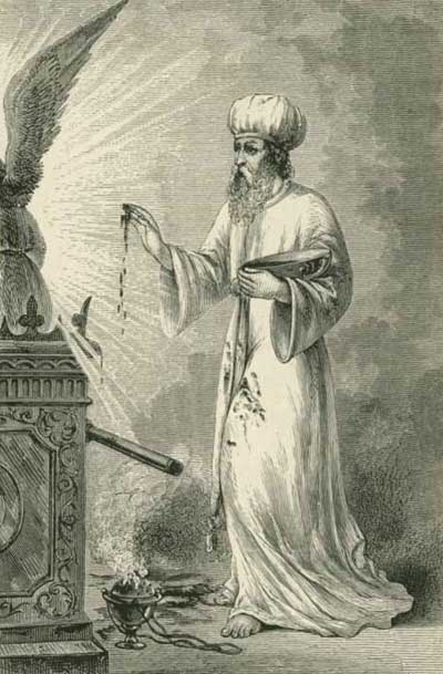 The High Priest sprinkling blood upon the mercy seat in the temple. Image via mudpreacher.org.
