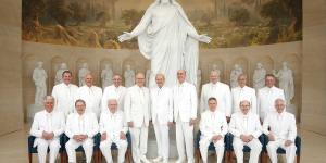 The Twelve Apostles and First Presidency of the Church of Jesus Christ of Latter-day Saints at the Rome, Italy Temple Visitor Center. Image via Church of Jesus Christ.