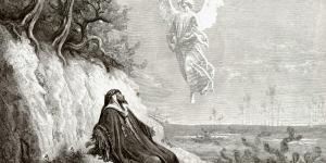 Illustration to the Bible: Angel brings food and drink to the prophet Elijah by Gustave Dore, 1877.