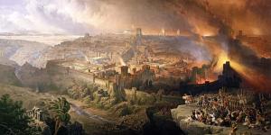 The Siege and Destruction of Jerusalem by the Romans Under the Command of Titus, A.D. 70. Painting by David Roberts, 1850 via Wikimedia Commons.