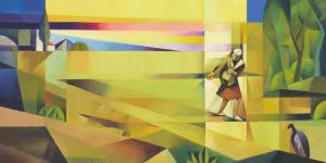 Jorge Cocco's painting, "The Sower," which depicts a man walking with a bag of seeds and tossing them into soil on his path, as described in Jesus's parable.