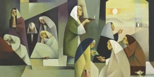 "The Ten Virgins," by Jorge Cocco, shows the wise virgins from Jesus' parable, with oil in their lamps and vessels, and the foolish virgins, who were not prepared with oil.